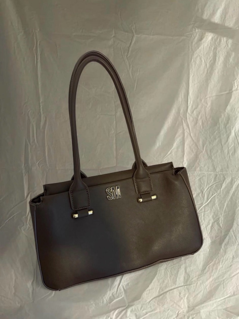 Structured Shoulder Tote in Dark Brown Leather with Monogram
